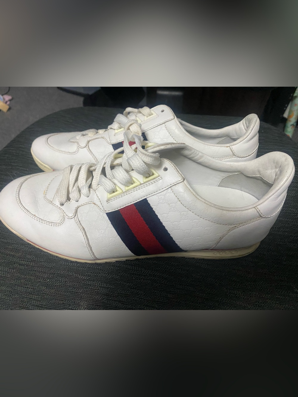 Gucci White Leather Sneaker with Red & Blue Web Stripe